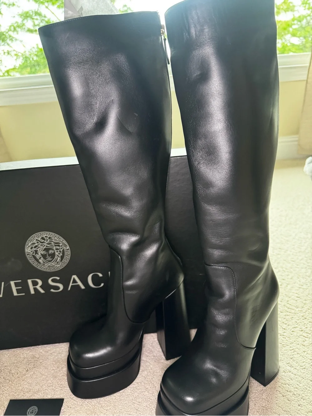 Versace Aevitas Leather Platform Black Knee-High Boots. 36 1/2